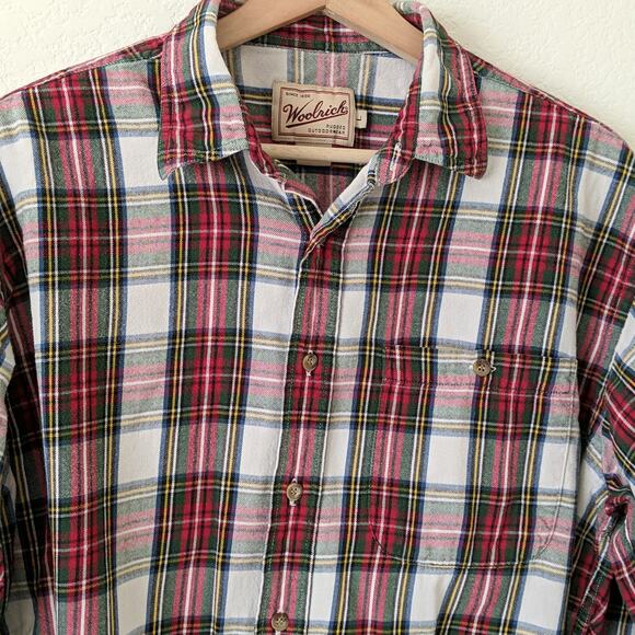 VTG Woolrich Plaid Mens Button Down Shirt 100% Cotton Red White Green Check L - Picture 4 of 6